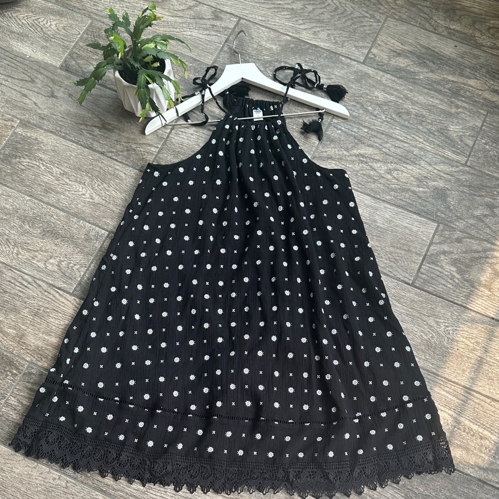 Old Navy Floral Halter Mini Dress Black White Boho Lace Trim Size L